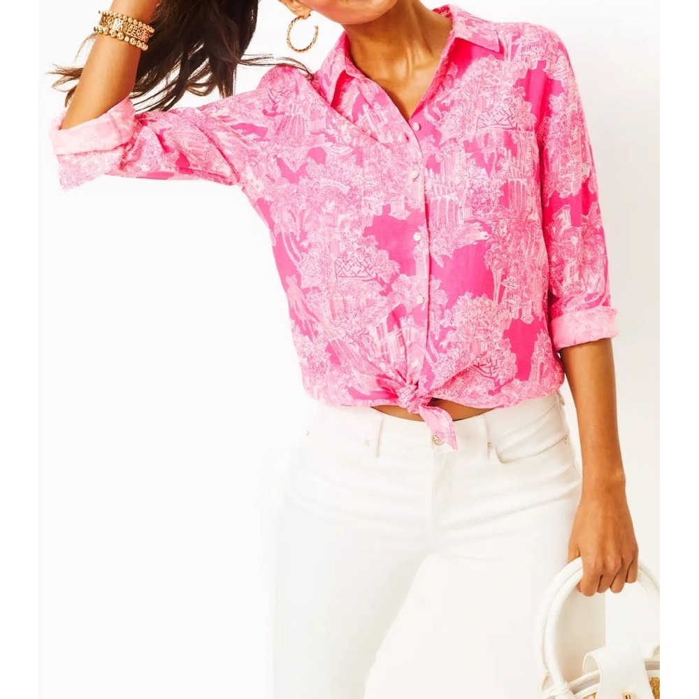 NWOT Women's Lilly Pulitzer Seaview Linen Shirt Palm Beach Pink Toile Small